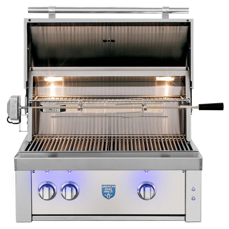 American Made Grills Estate 30-Inch Built-In Gas or Propane Grill with Infrared Searing Burner and Rotisserie Kit AMG-EST30