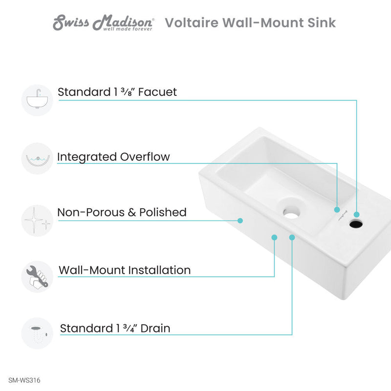 Swiss Madison Voltaire 19.5 x 10 Rectangular Ceramic Wall Hung Sink with Right Side Faucet Mount - SM-WS316