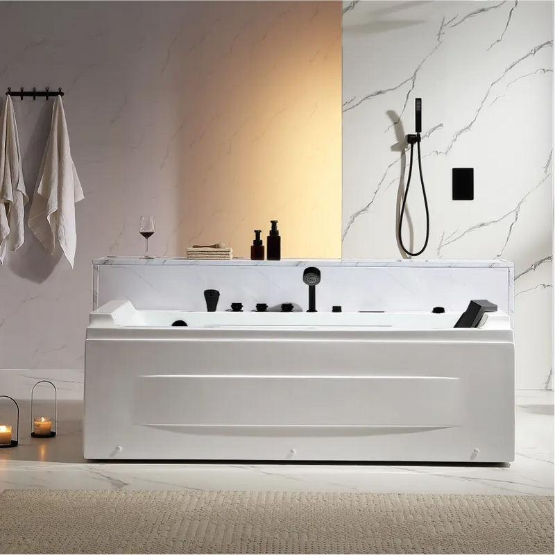 Empava - 71" Alcove LED Whirlpool Bathtub with Black Fixtures and Center Drain - EMPV-71JT351-BK - IMG1