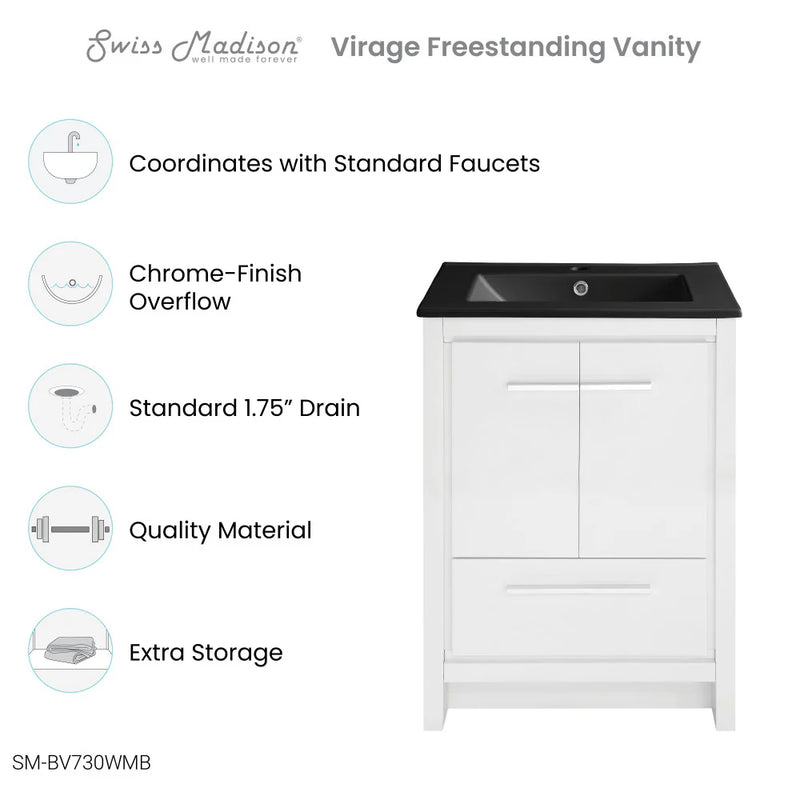 Swiss Madison Virage 24 in. White Bathroom Vanity With Black Ceramic Sink Top - SM-BV730WMB