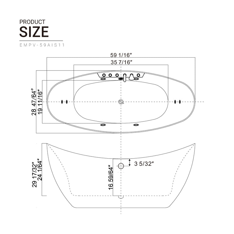 Empava - 59" Freestanding Boat-shaped Whirlpool Bathtub with Center Drain - EMPV-59AIS11 - IMG15