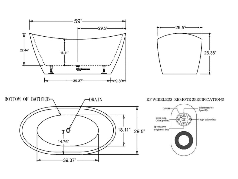 Empava - 59" Freestanding Soaking LED Tub with Center Drain - EMPV-59FT1518LED - IMG11