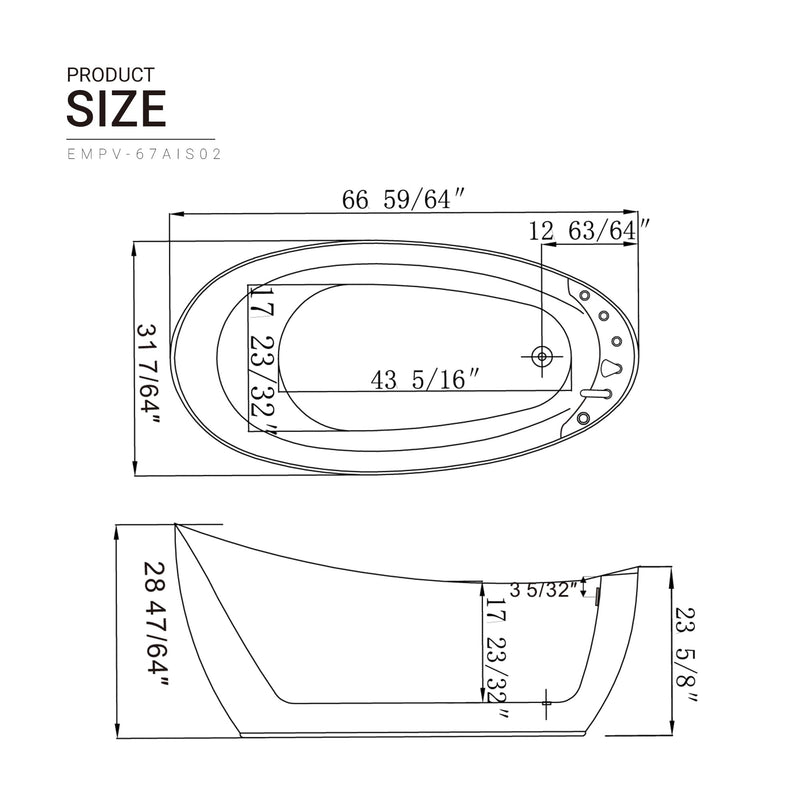 Empava - 67" Freestanding Hydro Massage Whirlpool Bathtub with Reversible Drain - EMPV-67AIS02 - IMG12