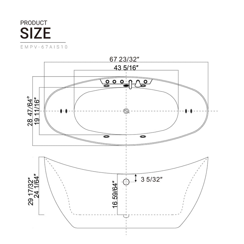 Empava - 67" Freestanding Boat-shaped Whirlpool Bathtub with Center Drain - EMPV-67AIS10 - IMG8