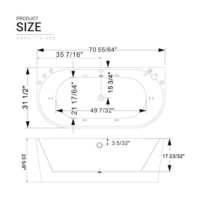 Empava - 71" Freestanding Hydro Massage Whirlpool Bathtub with Center Drain - EMPV-71AIS08 - IMG11