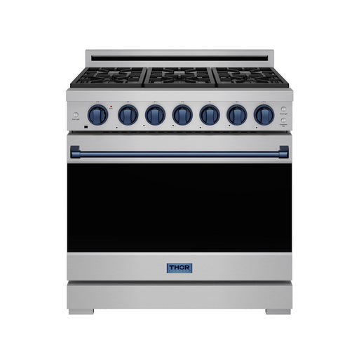 THOR Kitchen - 36-inch Gordon Ramsay Series Professional Liquid Propane Range with Precision Knob in Stainless Steel and Blue - RSG36PLP-BLU - IMG1