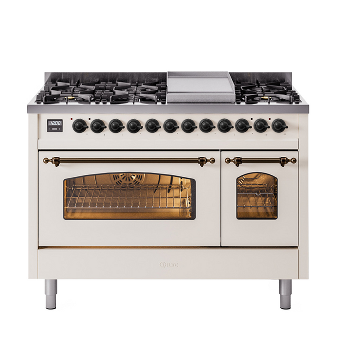 ILVE - Nostalgie II 48 inch Dual Fuel Range (8 Sealed Burners + Griddle, Natural Gas, Triple Glass Door, Antique White, Chrome) -  USA - UP48FNMPAWC