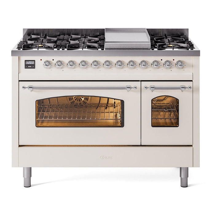 ILVE - Nostalgie II 48 inch Dual Fuel Range (8 Sealed Burners + Griddle, Natural Gas, Triple Glass Door, Antique White, Chrome) -  USA - UP48FNMPAWC
