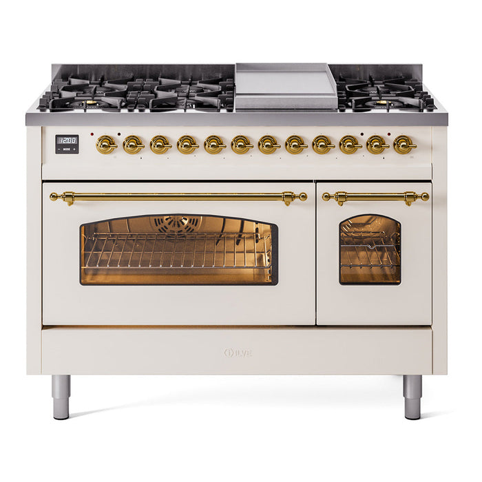 ILVE - Nostalgie II 48 inch Dual Fuel Range (8 Sealed Burners + Griddle, Natural Gas, Triple Glass Door, Antique White, Chrome) -  USA - UP48FNMPAWC