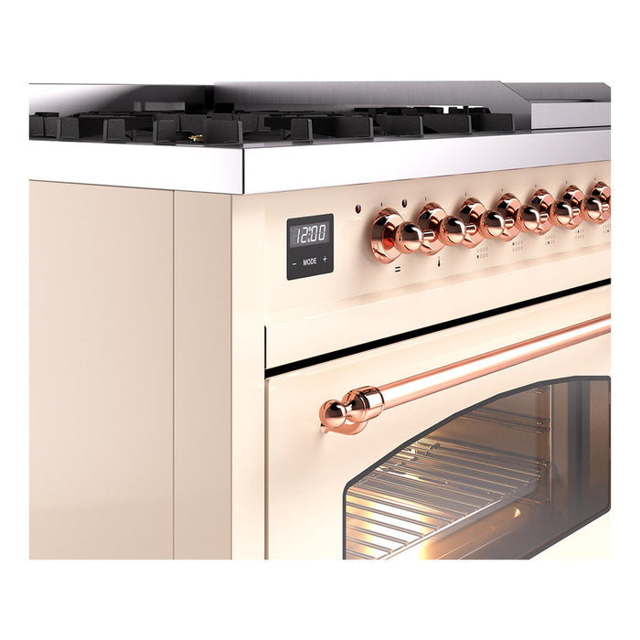ILVE - Nostalgie II 48 inch Dual Fuel Range (8 Sealed Burners + Griddle, Liquid Propane, Triple Glass Door, Antique White, Copper) -  USA - UP48FNMPAWPLP - IMG124