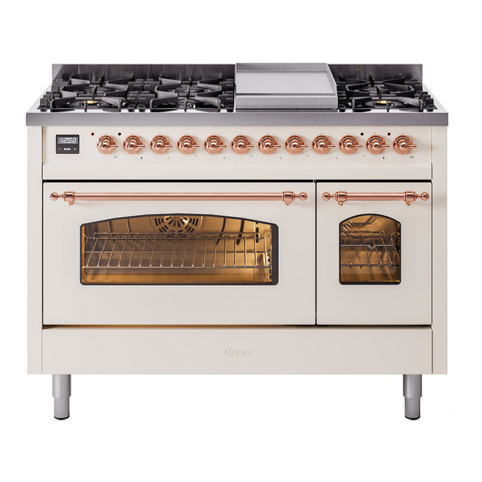 ILVE - Nostalgie II 48 inch Dual Fuel Range (8 Sealed Burners + Griddle, Natural Gas, Triple Glass Door, Antique White, Chrome) -  USA - UP48FNMPAWC