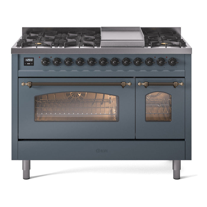ILVE - Nostalgie II 48 inch Dual Fuel Range (8 Sealed Burners + Griddle, Natural Gas, Triple Glass Door, Antique White, Chrome) -  USA - UP48FNMPAWC