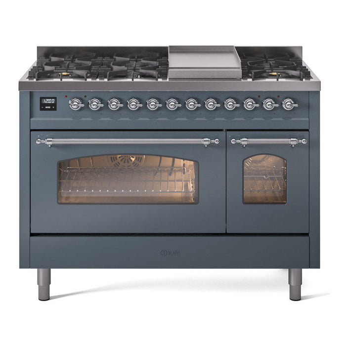 ILVE - Nostalgie II 48 inch Dual Fuel Range (8 Sealed Burners + Griddle, Natural Gas, Triple Glass Door, Antique White, Chrome) -  USA - UP48FNMPAWC