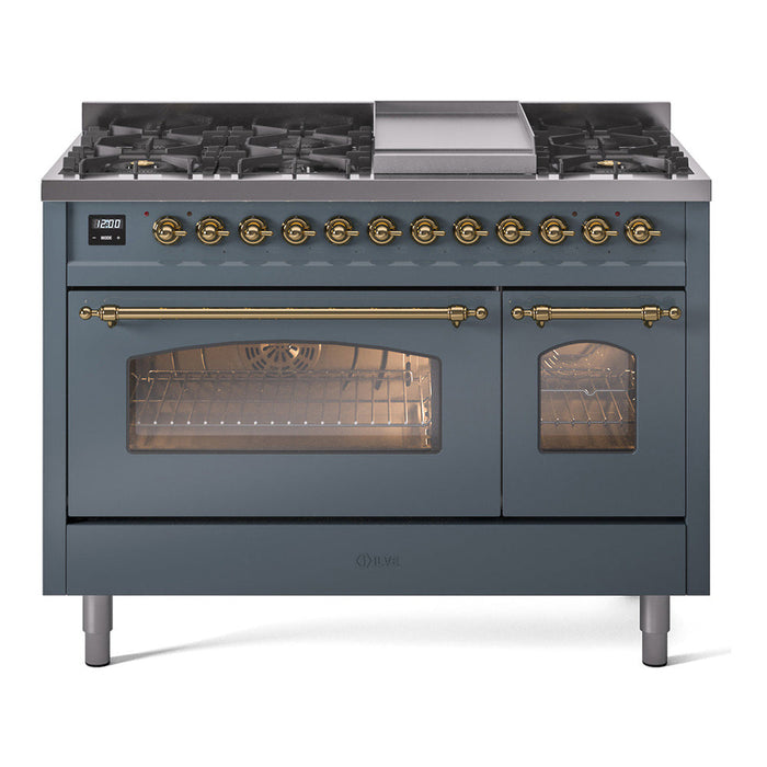 ILVE - Nostalgie II 48 inch Dual Fuel Range (8 Sealed Burners + Griddle, Natural Gas, Triple Glass Door, Antique White, Chrome) -  USA - UP48FNMPAWC