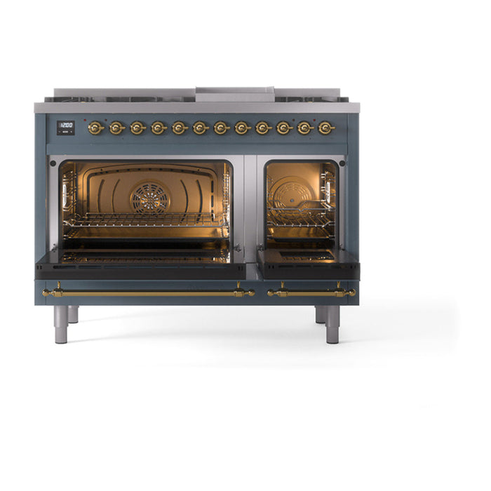 ILVE - Nostalgie II 48 inch Dual Fuel Range (8 Sealed Burners + Griddle, Liquid Propane, Triple Glass Door, Blue Grey, Brass) -  USA - UP48FNMPBGGLP - IMG128