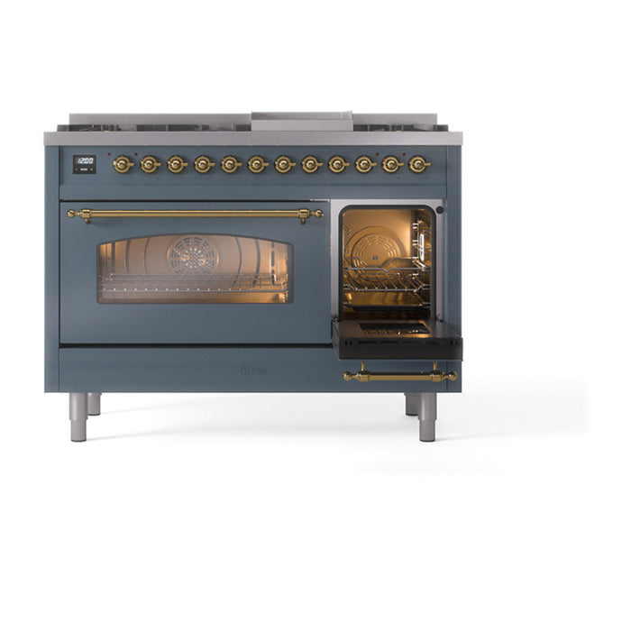 ILVE - Nostalgie II 48 inch Dual Fuel Range (8 Sealed Burners + Griddle, Liquid Propane, Triple Glass Door, Blue Grey, Brass) -  USA - UP48FNMPBGGLP - IMG47