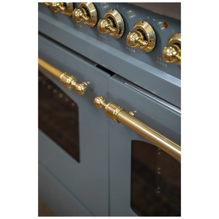 ILVE - Nostalgie II 48 inch Dual Fuel Range (8 Sealed Burners + Griddle, Natural Gas, Triple Glass Door, Blue Grey, Brass) -  USA - UP48FNMPBGG - IMG96