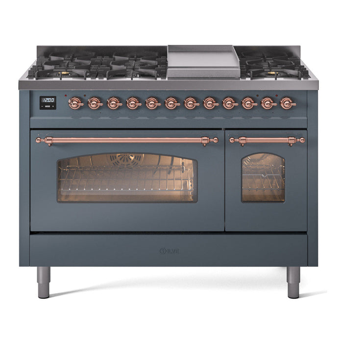 ILVE - Nostalgie II 48 inch Dual Fuel Range (8 Sealed Burners + Griddle, Natural Gas, Triple Glass Door, Antique White, Chrome) -  USA - UP48FNMPAWC