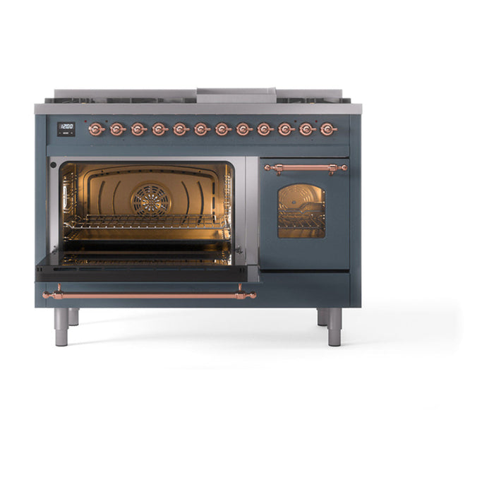 ILVE - Nostalgie II 48 inch Dual Fuel Range (8 Sealed Burners + Griddle, Liquid Propane, Triple Glass Door, Blue Grey, Copper) -  USA - UP48FNMPBGPLP - IMG138