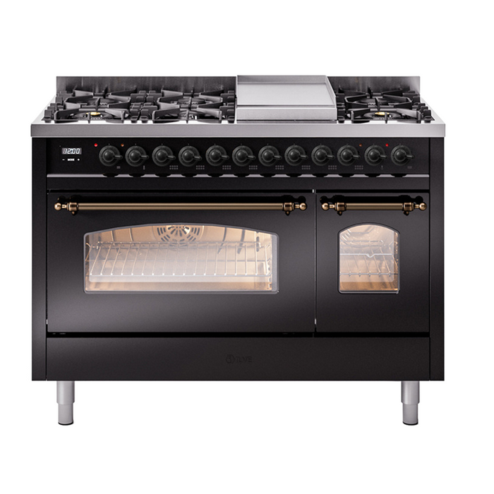 ILVE - Nostalgie II 48 inch Dual Fuel Range (8 Sealed Burners + Griddle, Natural Gas, Triple Glass Door, Antique White, Chrome) -  USA - UP48FNMPAWC