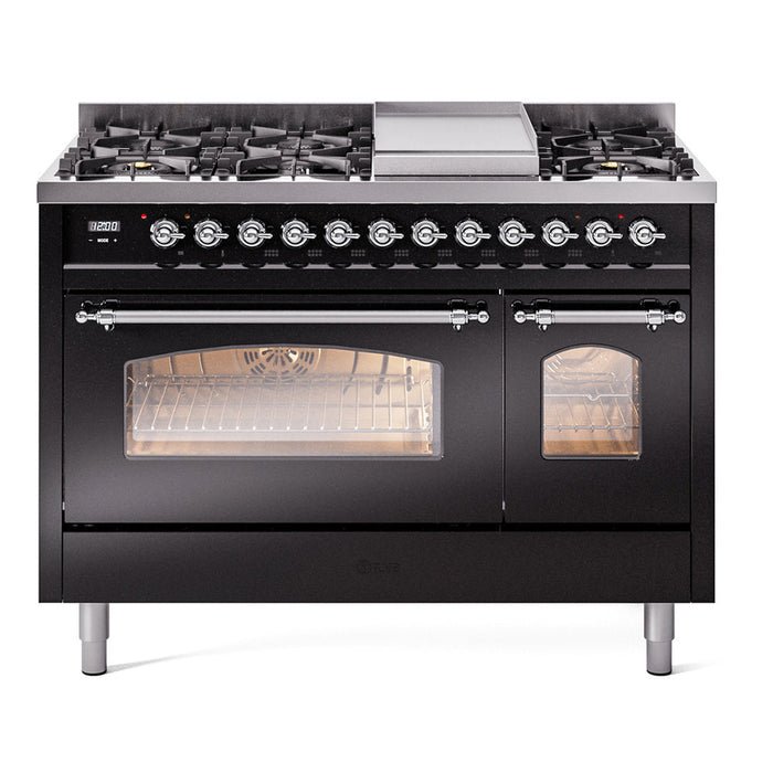 ILVE - Nostalgie II 48 inch Dual Fuel Range (8 Sealed Burners + Griddle, Natural Gas, Triple Glass Door, Antique White, Chrome) -  USA - UP48FNMPAWC