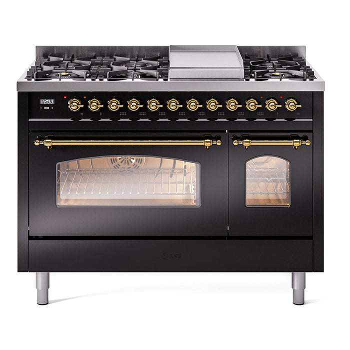 ILVE - Nostalgie II 48 inch Dual Fuel Range (8 Sealed Burners + Griddle, Natural Gas, Triple Glass Door, Antique White, Chrome) -  USA - UP48FNMPAWC