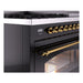 ILVE - Nostalgie II 48 inch Dual Fuel Range (8 Sealed Burners + Griddle, Liquid Propane, Triple Glass Door, Glossy Black, Brass) -  USA - UP48FNMPBKGLP - IMG60