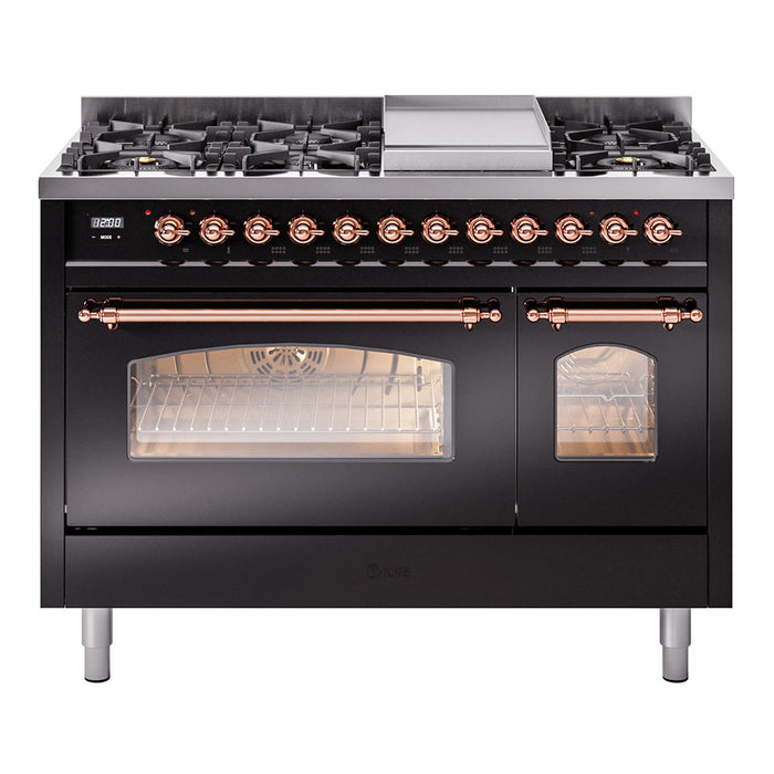 ILVE - Nostalgie II 48 inch Dual Fuel Range (8 Sealed Burners + Griddle, Natural Gas, Triple Glass Door, Antique White, Chrome) -  USA - UP48FNMPAWC