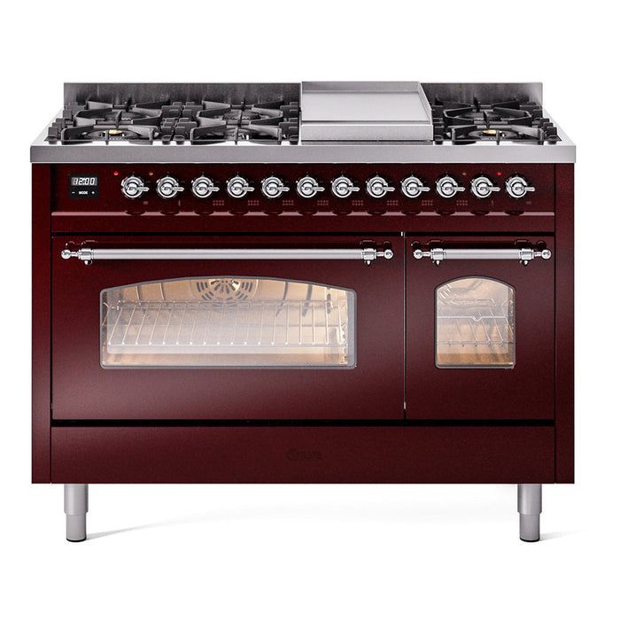 ILVE - Nostalgie II 48 inch Dual Fuel Range (8 Sealed Burners + Griddle, Natural Gas, Triple Glass Door, Antique White, Chrome) -  USA - UP48FNMPAWC