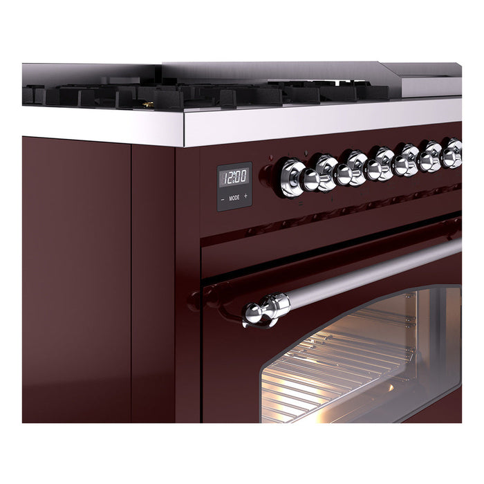 ILVE - Nostalgie II 48 inch Dual Fuel Range (8 Sealed Burners + Griddle, Natural Gas, Triple Glass Door, Burgundy, Chrome) -  USA - UP48FNMPBUC - IMG122