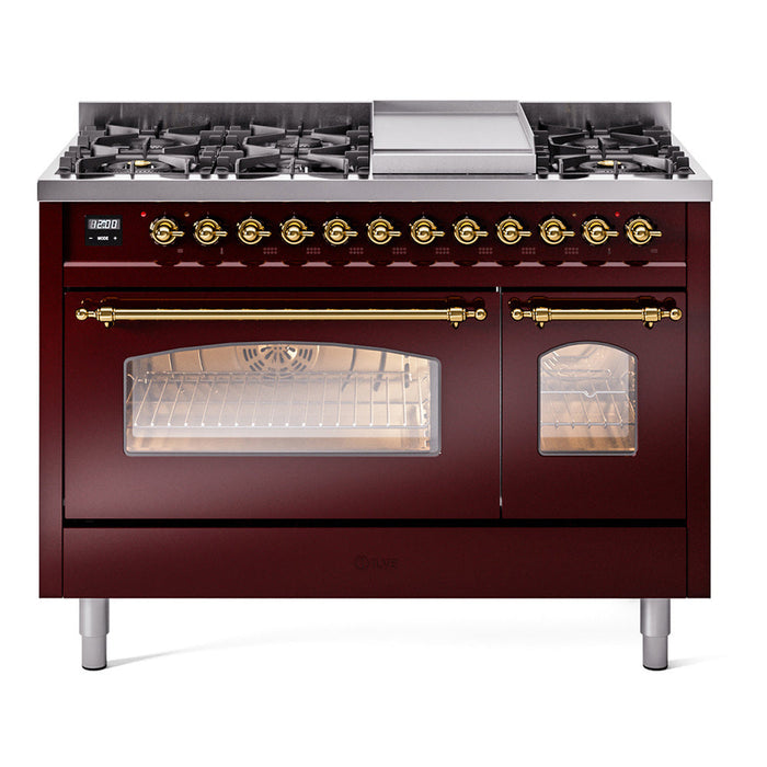 ILVE - Nostalgie II 48 inch Dual Fuel Range (8 Sealed Burners + Griddle, Natural Gas, Triple Glass Door, Antique White, Chrome) -  USA - UP48FNMPAWC