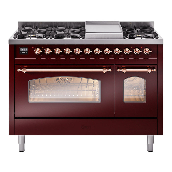 ILVE - Nostalgie II 48 inch Dual Fuel Range (8 Sealed Burners + Griddle, Natural Gas, Triple Glass Door, Antique White, Chrome) -  USA - UP48FNMPAWC