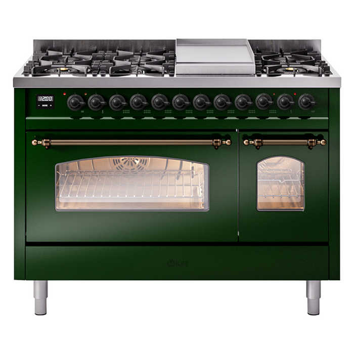 ILVE - Nostalgie II 48 inch Dual Fuel Range (8 Sealed Burners + Griddle, Natural Gas, Triple Glass Door, Antique White, Chrome) -  USA - UP48FNMPAWC