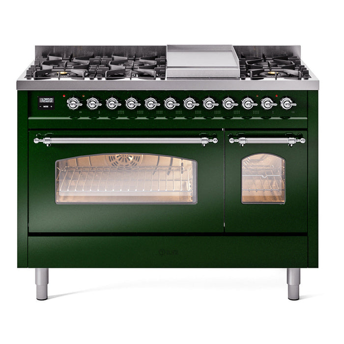 ILVE - Nostalgie II 48 inch Dual Fuel Range (8 Sealed Burners + Griddle, Natural Gas, Triple Glass Door, Antique White, Chrome) -  USA - UP48FNMPAWC