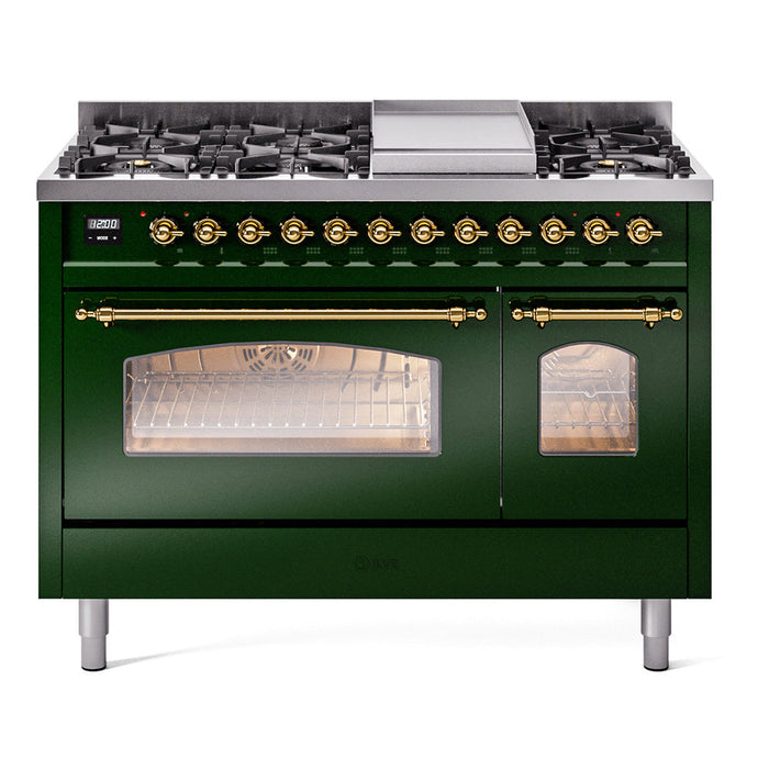 ILVE - Nostalgie II 48 inch Dual Fuel Range (8 Sealed Burners + Griddle, Natural Gas, Triple Glass Door, Antique White, Chrome) -  USA - UP48FNMPAWC