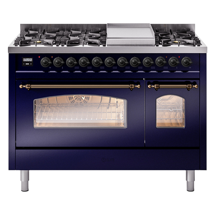 ILVE - Nostalgie II 48 inch Dual Fuel Range (8 Sealed Burners + Griddle, Natural Gas, Triple Glass Door, Antique White, Chrome) -  USA - UP48FNMPAWC