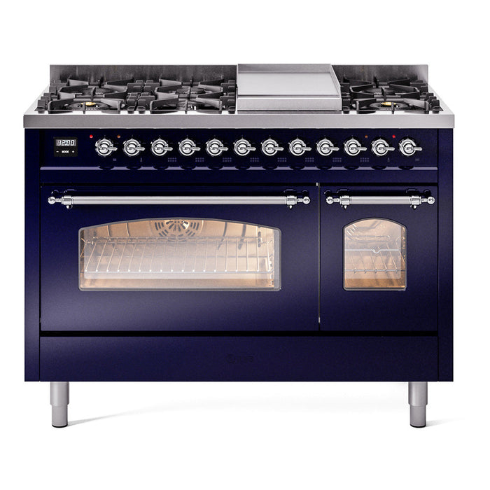 ILVE - Nostalgie II 48 inch Dual Fuel Range (8 Sealed Burners + Griddle, Natural Gas, Triple Glass Door, Antique White, Chrome) -  USA - UP48FNMPAWC