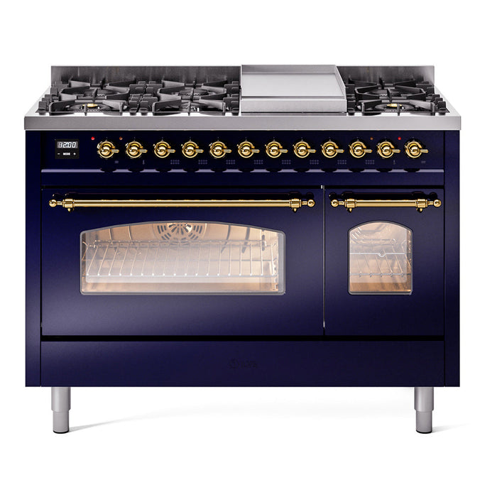 ILVE - Nostalgie II 48 inch Dual Fuel Range (8 Sealed Burners + Griddle, Natural Gas, Triple Glass Door, Antique White, Chrome) -  USA - UP48FNMPAWC