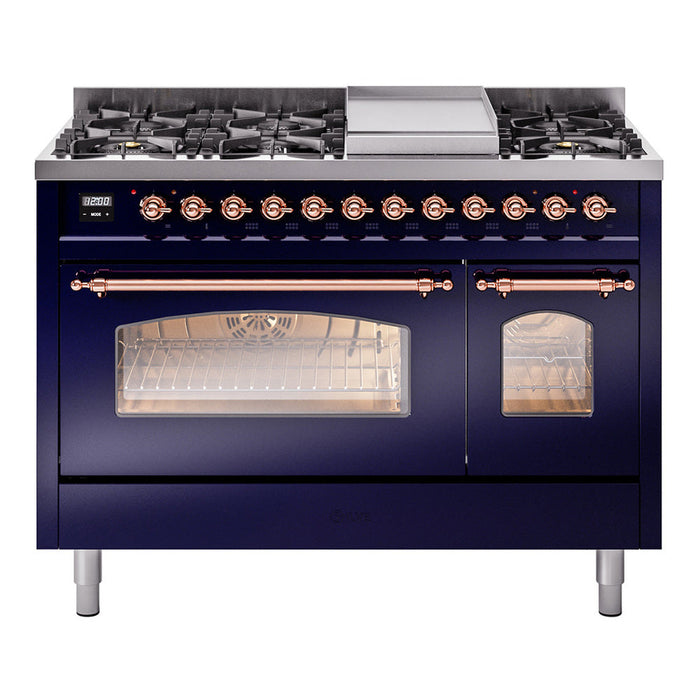 ILVE - Nostalgie II 48 inch Dual Fuel Range (8 Sealed Burners + Griddle, Natural Gas, Triple Glass Door, Antique White, Chrome) -  USA - UP48FNMPAWC