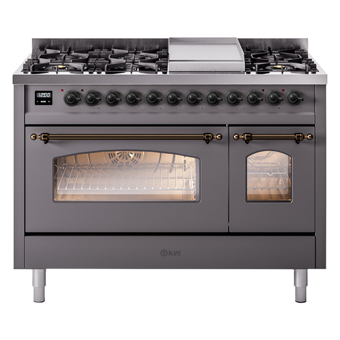ILVE - Nostalgie II 48 inch Dual Fuel Range (8 Sealed Burners + Griddle, Natural Gas, Triple Glass Door, Antique White, Chrome) -  USA - UP48FNMPAWC