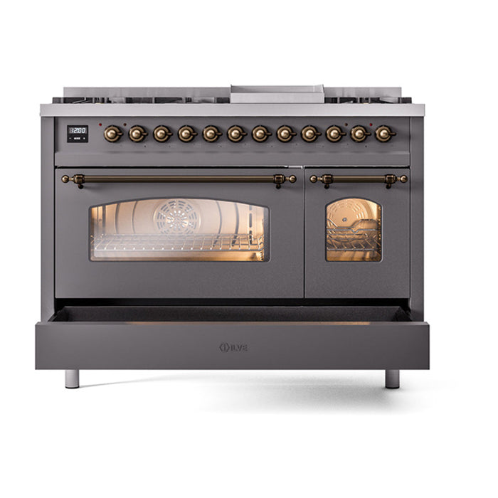 ILVE - Nostalgie II 48 inch Dual Fuel Range (8 Sealed Burners + Griddle, Liquid Propane, Triple Glass Door, Graphite Matte, Burnished) -  USA - UP48FNMPMGBLP - IMG132