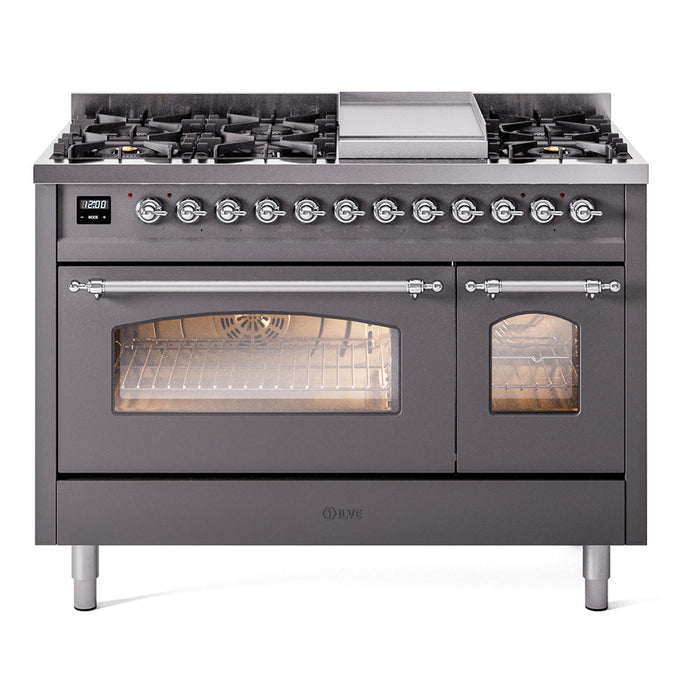 ILVE - Nostalgie II 48 inch Dual Fuel Range (8 Sealed Burners + Griddle, Natural Gas, Triple Glass Door, Antique White, Chrome) -  USA - UP48FNMPAWC