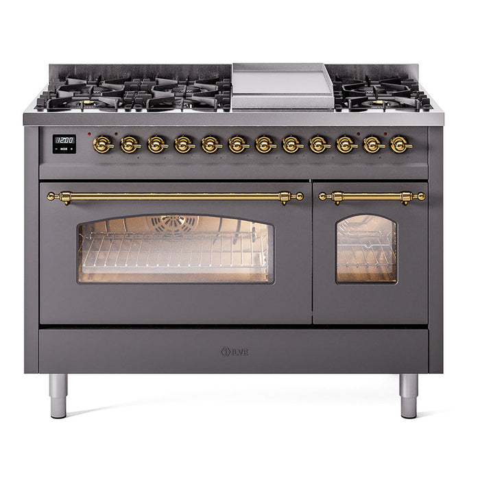 ILVE - Nostalgie II 48 inch Dual Fuel Range (8 Sealed Burners + Griddle, Natural Gas, Triple Glass Door, Antique White, Chrome) -  USA - UP48FNMPAWC