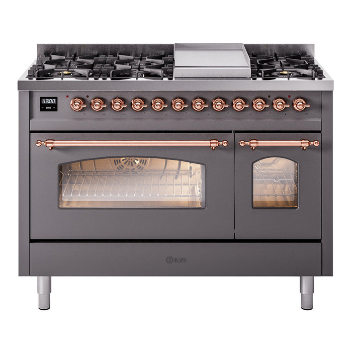 ILVE - Nostalgie II 48 inch Dual Fuel Range (8 Sealed Burners + Griddle, Natural Gas, Triple Glass Door, Antique White, Chrome) -  USA - UP48FNMPAWC