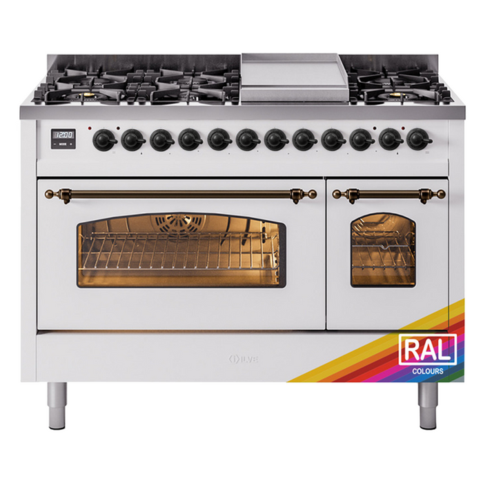 ILVE - Nostalgie II 48 inch Dual Fuel Range (8 Sealed Burners + Griddle, Natural Gas, Triple Glass Door, Antique White, Chrome) -  USA - UP48FNMPAWC