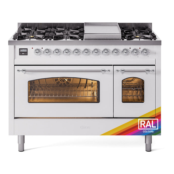 ILVE - Nostalgie II 48 inch Dual Fuel Range (8 Sealed Burners + Griddle, Natural Gas, Triple Glass Door, Antique White, Chrome) -  USA - UP48FNMPAWC