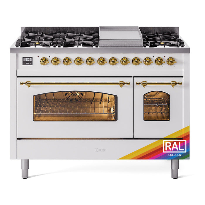 ILVE - Nostalgie II 48 inch Dual Fuel Range (8 Sealed Burners + Griddle, Natural Gas, Triple Glass Door, Antique White, Chrome) -  USA - UP48FNMPAWC