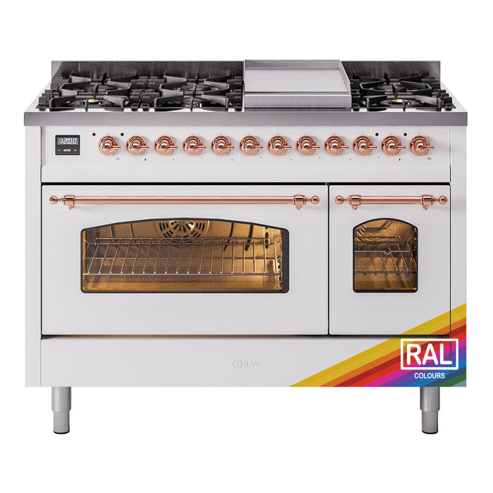 ILVE - Nostalgie II 48 inch Dual Fuel Range (8 Sealed Burners + Griddle, Natural Gas, Triple Glass Door, Antique White, Chrome) -  USA - UP48FNMPAWC