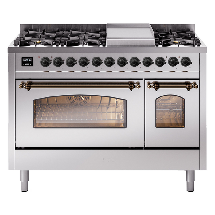 ILVE - Nostalgie II 48 inch Dual Fuel Range (8 Sealed Burners + Griddle, Natural Gas, Triple Glass Door, Antique White, Chrome) -  USA - UP48FNMPAWC