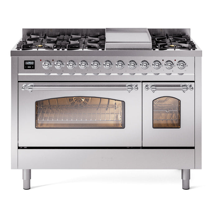 ILVE - Nostalgie II 48 inch Dual Fuel Range (8 Sealed Burners + Griddle, Natural Gas, Triple Glass Door, Antique White, Chrome) -  USA - UP48FNMPAWC